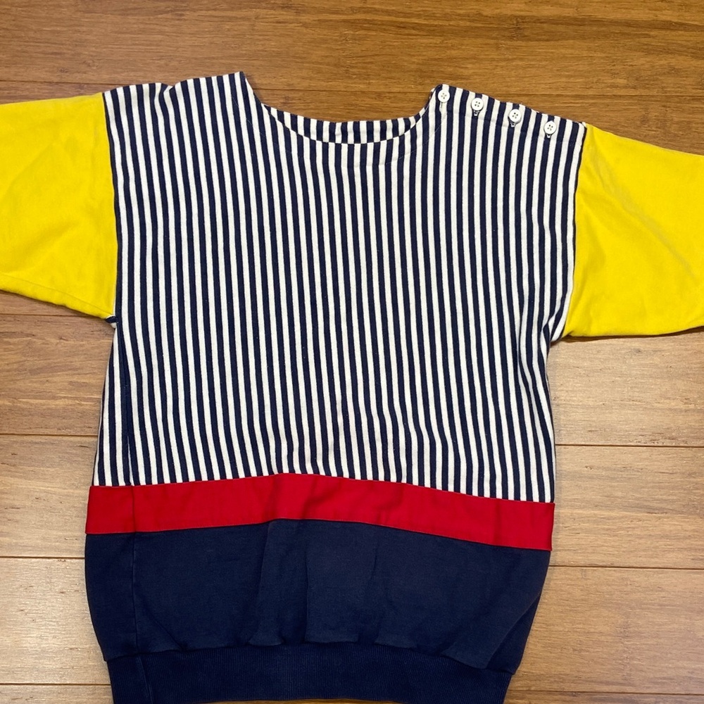 Vintage 80’s/90’s 100% Cotton Striped Navy Shirt with Yellow Sleeves Size Medium
